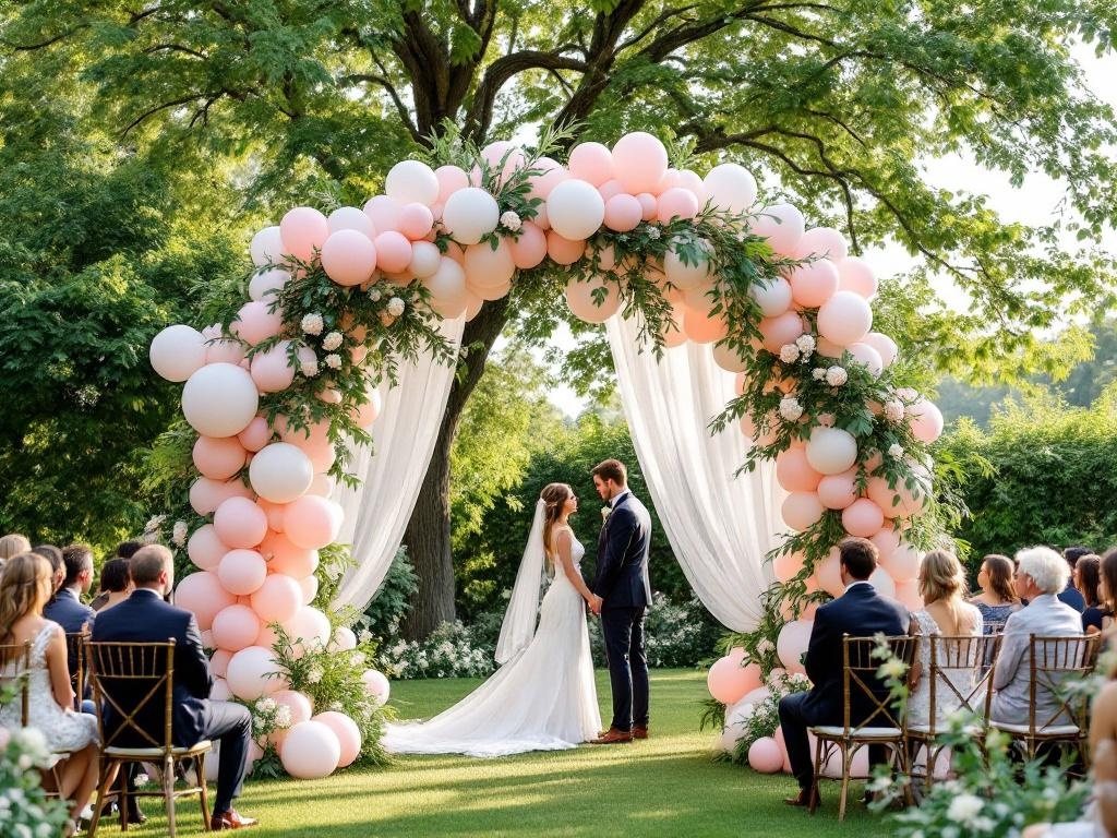 Elegant blush and ivory balloon arch at a wedding