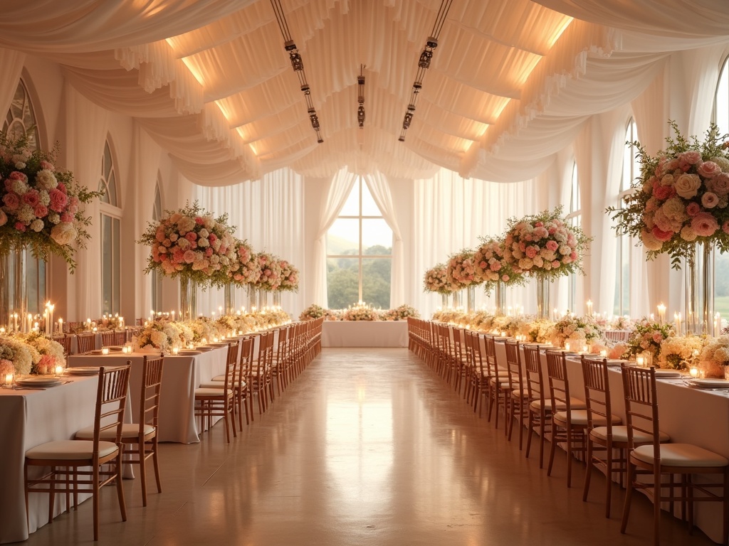 Romantic wedding reception hall with floral centerpieces
