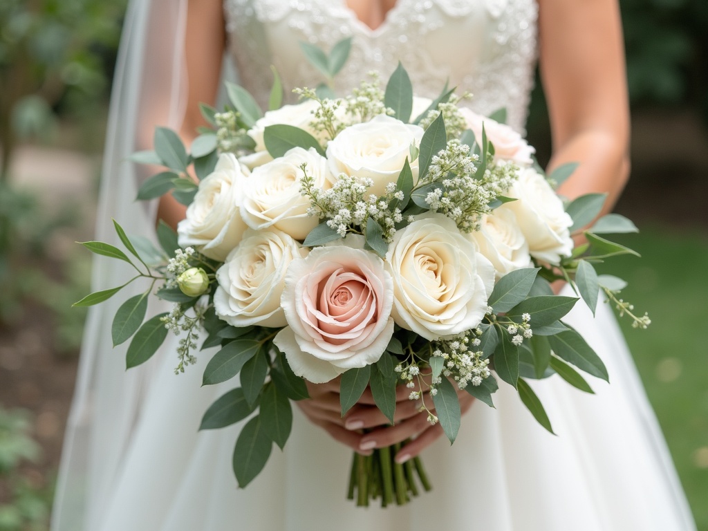 Wedding bouquet of white roses and blush peonies